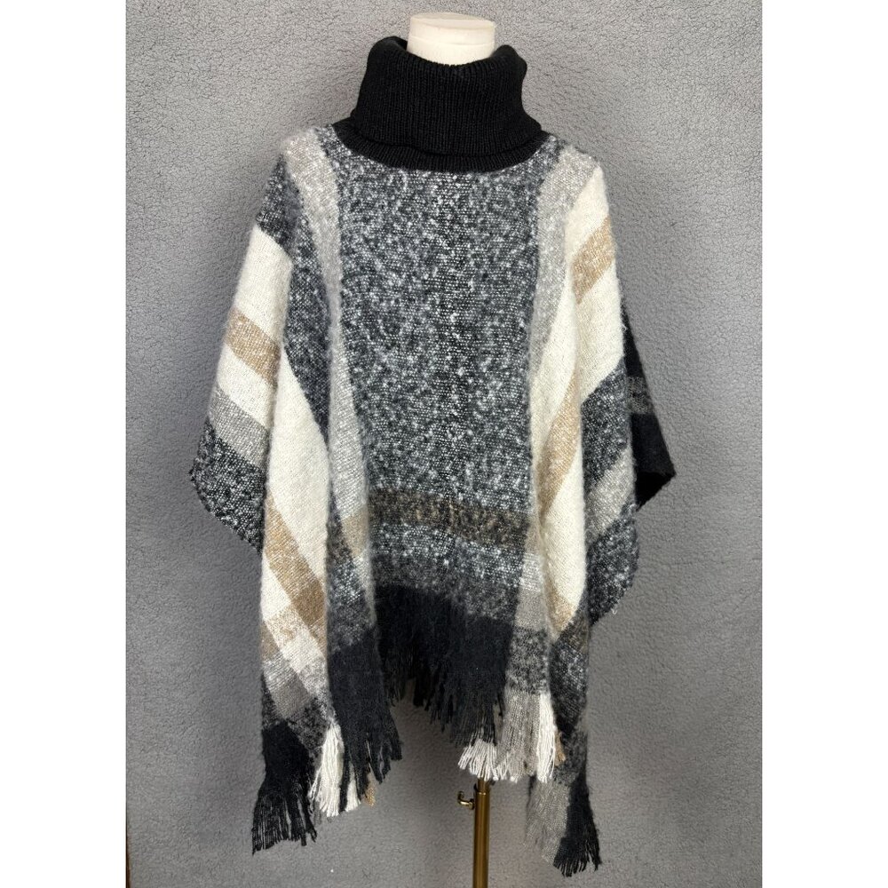 Style & Co Women's Cozy Plaid Knit Poncho Fringe Hem OS Multicolor NWT's